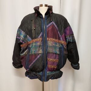 Vintage 80s Retro ELCO Down Filled Iridescent Floral Patchwork Puffer Jacket Lg